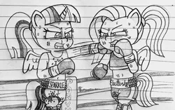 Size: 1280x803 | Tagged: safe, artist:ct1443ae, derpibooru import, fluttershy, twilight sparkle, twilight sparkle (alicorn), alicorn, pegasus, pony, semi-anthro, alternate hairstyle, boxing gloves, boxing ring, bruised, duo, female, gritted teeth, image, jpeg, lined paper, mare, mouth guard, pencil drawing, ponytail, punch, sweat, traditional art