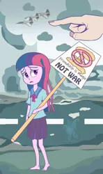 Size: 1280x2159 | Tagged: safe, artist:faebil, derpibooru import, twilight sparkle, human, equestria girls, anti-war, barefoot, feet, image, jet, jet fighter, jpeg, offscreen character, offscreen human, pointing, protest, street, war