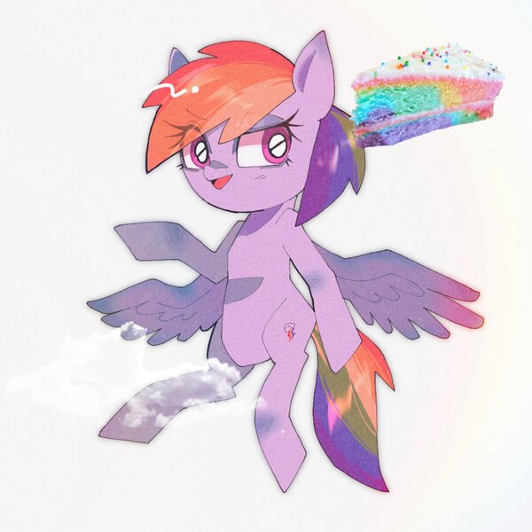 Size: 1500x1500 | Tagged: safe, artist:destroyer_aky, derpibooru import, rainbow dash, pegasus, pony, bipedal, cake, cake slice, eye clipping through hair, eyebrows, eyebrows visible through hair, female, food, image, jpeg, looking at you, mare, open mouth, rainbow cake, simple background, solo, spread wings, white background, wings