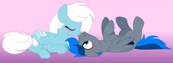 Size: 4239x1551 | Tagged: safe, artist:feather_bloom, derpibooru import, oc, oc:azure thunder, oc:featherbloom, unofficial characters only, pegasus, pony, blushing, image, kissing, lying down, oc x oc, on back, png, romantic, shipping, simple background