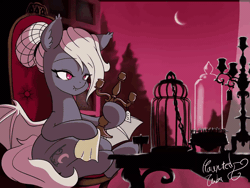 Size: 800x600 | Tagged: safe, artist:hauntedtuba, derpibooru import, bat pony, pony, animated, chair, cleaning, fangs, female, gif, image, looking at something, mare, moon, signature, sitting, solo, table