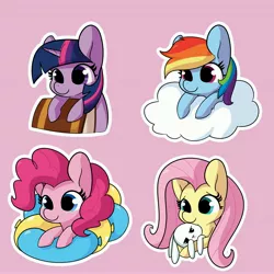 Size: 4096x4096 | Tagged: safe, artist:tjpones, derpibooru import, angel bunny, fluttershy, pinkie pie, rainbow dash, twilight sparkle, earth pony, pegasus, pony, unicorn, angel bunny is not amused, balloon, book, bookhorse, cloud, cute, dashabetes, diapinkes, high res, image, jpeg, outline, pink background, shyabetes, simple background, smiling, twiabetes, unamused, unicorn twilight, white outline