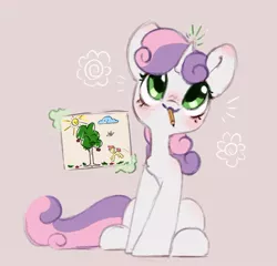 Size: 804x773 | Tagged: safe, artist:melodylibris, derpibooru import, sweetie belle, pony, unicorn, blushing, cute, diasweetes, drawing, female, filly, foal, image, jpeg, levitation, magic, mouth hold, pencil drawing, simple background, sitting, solo, telekinesis, traditional art