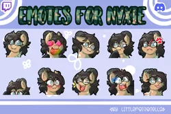 Size: 700x467 | Tagged: safe, artist:littlepoisonella, derpibooru import, oc, oc:nixie tube, unofficial characters only, bat pony, earth pony, hybrid, :p, angry, blushing, chest fluff, cross-popping veins, ear fluff, emotes, fangs, food, glasses, heart eyes, image, laughing, mango, mouth hold, owo, peeking, png, sad, shocked, shocked expression, smiling, solo, thinking, tongue out, wingding eyes