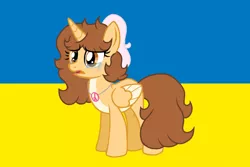 Size: 1000x667 | Tagged: safe, artist:doraeartdreams-aspy, derpibooru import, oc, oc:aspen, unofficial characters only, alicorn, crying, flag, image, png, sad, solo, ukraine