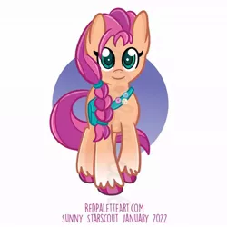 Size: 894x894 | Tagged: safe, artist:redpalette, derpibooru import, sunny starscout, pony, bag, braid, buttons, cute, female, front view, g5, image, jpeg, mare, smiling, trotting, unshorn fetlocks