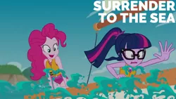 Size: 1280x720 | Tagged: safe, derpibooru import, edit, edited screencap, editor:quoterific, screencap, pinkie pie, sci-twi, twilight sparkle, equestria girls, equestria girls series, the salty sails, clothes, duo, duo female, female, geode of sugar bombs, geode of telekinesis, glasses, image, jewelry, jpeg, magical geodes, necklace, one-piece swimsuit, open mouth, open smile, ponytail, smiling, swimsuit, text