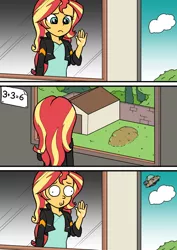 Size: 596x842 | Tagged: safe, artist:sword, derpibooru import, sunset shimmer, equestria girls, 3 panel comic, clothes, comic, crossover, derp, female, grave, image, implied death, looking out the window, math, png, reference, rick and morty, solo
