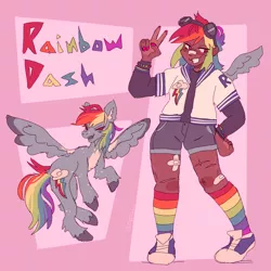 Size: 2048x2048 | Tagged: safe, artist:izzy-paw, artist:izzypaw, derpibooru import, rainbow dash, human, pegasus, pony, aesthetics, bandaid, blackwashing, clothes, dark skin, goggles, human ponidox, humanized, image, jacket, nose bandaid, pale belly, peace sign, png, rainbow socks, scar, self paradox, self ponidox, shorts, socks, striped socks, twitterina design