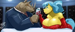 Size: 2642x1117 | Tagged: safe, artist:shonuff44, artist:upstairstudios, derpibooru import, doctor fauna, oc, oc:memphis, anthro, earth pony, rhinoceros, alcohol, big breasts, breasts, busty doctor fauna, canon x oc, cleavage, clothes, couple, date, date night, dress, female, glass, huge breasts, image, male, png, red dress, rhinotaur, straight, wine, wine glass