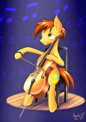 Size: 1240x1754 | Tagged: safe, artist:hauntedtuba, derpibooru import, oc, unofficial characters only, earth pony, pony, bow (instrument), cello, cello bow, chair, image, jpeg, male, music notes, musical instrument, playing instrument, sitting, solo, stallion