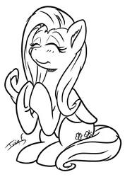 Size: 2481x3508 | Tagged: safe, artist:memprices, derpibooru import, fluttershy, pegasus, pony, black and white, clapping, clip studio paint, cute, digital art, eyebrows, eyes closed, grayscale, happy, high res, image, lineart, monochrome, png, quick draw, shyabetes, simple background, sitting, sketch, smiling, white background