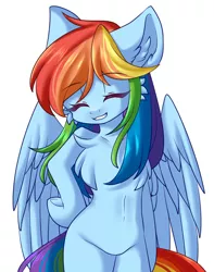 Size: 728x926 | Tagged: safe, alternate version, artist:distant_sound_, derpibooru import, rainbow dash, pegasus, pony, bipedal, cute, ear fluff, eyes closed, image, jpeg, open mouth, simple background, solo, white background