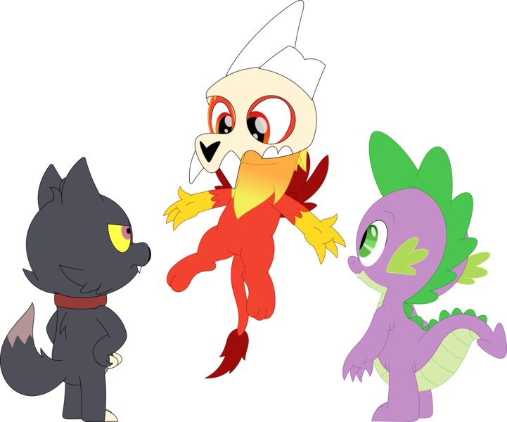 Size: 3559x2960 | Tagged: safe, artist:porygon2z, derpibooru import, spike, oc, oc:heatwave, dragon, gryphon, image, king (the owl house), male, png, simple background, the owl house, transparent background, trio, trio male