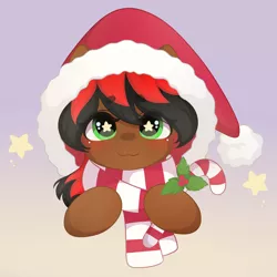 Size: 1280x1280 | Tagged: safe, artist:yomechka, derpibooru import, oc, oc:spot shine, unofficial characters only, earth pony, blushing, candy, candy cane, christmas, clothes, cute, diabetes, food, hat, holiday, image, jpeg, mistletoe, santa hat, scarf, simple background, starry eyes, stars, wingding eyes