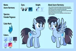Size: 1920x1275 | Tagged: safe, artist:alexdti, derpibooru import, oc, oc:azure harmony, unofficial characters only, pegasus, pony, female, folded wings, full body, hooves, image, mare, open mouth, open smile, pegasus oc, png, raised hoof, raised leg, reference sheet, smiling, solo, spread wings, standing, tail, two toned mane, two toned tail, wings