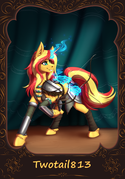 Size: 1668x2388 | Tagged: safe, artist:alrumoon_art, artist:twotail813, derpibooru import, sunset shimmer, pony, unicorn, aela the huntress, armor, bow (weapon), clothes, cosplay, costume, female, image, magic, mare, png, raised hoof, skyrim, smiling, solo, sunset cosplay flashmob, telekinesis, the elder scrolls