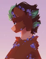Size: 700x884 | Tagged: safe, artist:floweryoutoday, derpibooru import, oc, oc:sagebrush, earth pony, pony, earth pony oc, flower, flower in hair, gradient background, green eyes, image, male, multicolored hair, multicolored mane, png, pretty, solo