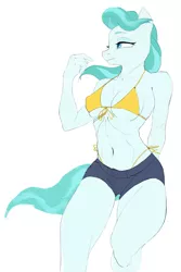 Size: 2817x4226 | Tagged: suggestive, artist:cadillacdynamite, derpibooru import, lighthoof, anthro, earth pony, bikini, clothes, derpibooru exclusive, female, image, png, shorts, simple background, solo, swimsuit, white background