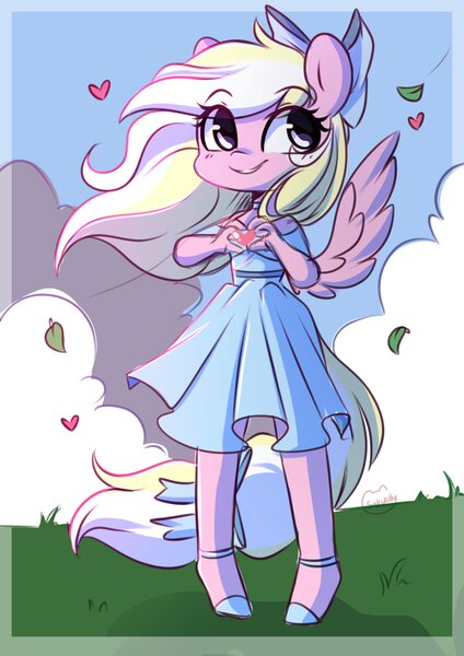 Size: 2480x3508 | Tagged: safe, artist:sakukitty, derpibooru import, oc, oc:bay breeze, unofficial characters only, anthro, pegasus, pony, bow, clothes, dress, female, hair bow, heart hands, image, jpeg, mare, pegasus oc, sketch, tail, tail bow, wings