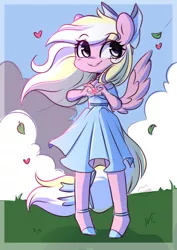 Size: 2480x3508 | Tagged: safe, artist:sakukitty, derpibooru import, oc, oc:bay breeze, unofficial characters only, anthro, pegasus, pony, bow, clothes, dress, female, hair bow, heart hands, image, jpeg, mare, pegasus oc, sketch, tail, tail bow, wings