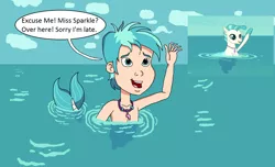 Size: 1494x910 | Tagged: safe, artist:ocean lover, derpibooru import, terramar, human, merboy, mermaid, merman, seapony (g4), season 8, surf and/or turf, spoiler:s08, cloud, cute, disney style, fish tail, hello, humanized, image, implied twilight sparkle, jewelry, male, mermaid tail, necklace, ocean, open mouth, pearl necklace, png, scene interpretation, tail, text, water, wave, waving, word bubble
