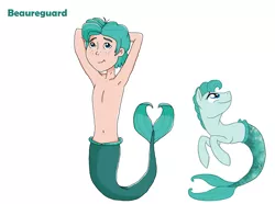Size: 1654x1231 | Tagged: safe, artist:ocean lover, artist:torusthescribe, derpibooru import, oc, oc:beaureguard, unofficial characters only, human, merboy, mermaid, merman, sea pony, arm behind head, belly button, chest, cute, fish tail, freckles, handsome, humanized, image, looking at you, male, mermaid tail, png, tail, text