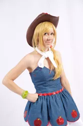 Size: 681x1024 | Tagged: safe, artist:nyunyucosplay, derpibooru import, applejack, human, equestria girls, applejack's hat, clothes, cosplay, costume, cowboy hat, fall formal outfits, hat, image, irl, irl human, jpeg, photo, simple background, solo, white background