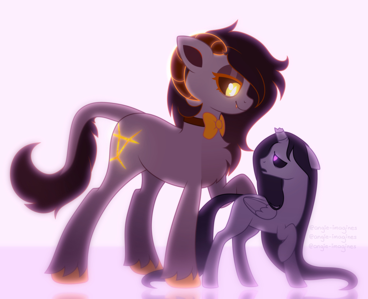 Size: 4027x3275 | Tagged: safe, artist:angie imagines, derpibooru import, oc, oc:blackbird, oc:madana, unofficial characters only, alicorn, demon, demon pony, original species, pony, black sclera, bowtie, broken horn, chest fluff, eyeshadow, female, glow, glowing cutie mark, glowing eyes, glowing horn, horn, image, jpeg, leonine tail, lidded eyes, long mane, makeup, male, tail, unshorn fetlocks