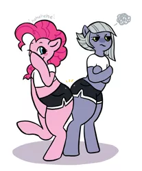 Size: 1483x1789 | Tagged: safe, artist:immunefox, derpibooru import, limestone pie, pinkie pie, anthro, earth pony, pony, booty shorts, butt, butt bump, clothes, digital art, female, image, large butt, png, short shirt, shorts, siblings, sisters, thighs, thunder thighs, unamused