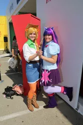 Size: 912x1368 | Tagged: safe, artist:roxyryoko, artist:yaminogame, derpibooru import, applejack, twilight sparkle, human, equestria girls, clothes, cosplay, costume, duo, image, irl, irl human, jpeg, photo