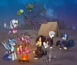 Size: 2814x2356 | Tagged: safe, artist:leastways, derpibooru import, oc, oc:citrine, oc:collateral damage, oc:moonstone, oc:princess purr, oc:royal mulberry, oc:silver star, oc:winter arcane, unofficial characters only, alicorn, bat pony, crystal pony, earth pony, gryphon, pony, unicorn, fallout equestria, alicorn oc, bat pony oc, bat wings, battle saddle, camping, clothes, commission, cup, fire, griffon oc, gun, horn, image, jpeg, night, sketch, teacup, teapot, tent, weapon, wings