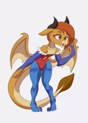 Size: 2500x3500 | Tagged: safe, artist:chedx, derpibooru import, ocellus, dragon, clothes, cosplay, costume, curious, disguise, disguised changeling, dragon ocellus, dragoness, female, image, innocent, lilith aensland, png, simple background, solo, white background