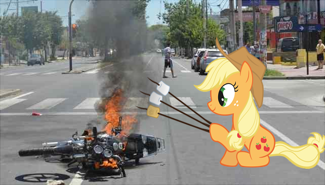 Size: 642x366 | Tagged: safe, artist:sharydow, derpibooru import, editor:jojodidu, applejack, earth pony, pony, look before you sleep, applejack's hat, applejack's special marshmallows, argentina, cordoba, cowboy hat, exploitable meme, fire, food, hat, image, irl, marshmallow, meme, motorcycle, photo, png, ponies in real life, poor rarity