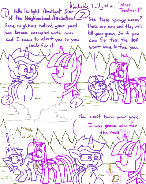 Size: 4779x6013 | Tagged: safe, artist:adorkabletwilightandfriends, derpibooru import, amethyst star, twilight sparkle, twilight sparkle (alicorn), alicorn, comic:adorkable twilight and friends, adorkable, adorkable twilight, cloud, clueless, comic, cute, dork, fire, grass, humor, image, match, moss, nature, neighborhood, png, shocked, silly, slice of life, surprised, yard