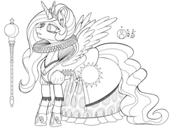 Size: 2000x1491 | Tagged: safe, artist:sepiakeys, derpibooru import, princess celestia, pony, clothes, dress, ear fluff, elizabethan, female, image, jewelry, lineart, monochrome, png, regalia, ruff (clothing), shoes, solo