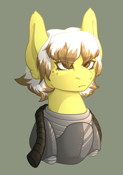 Size: 1400x2000 | Tagged: safe, artist:lazymishel, derpibooru import, oc, oc:lemon meringue, pony, fallout equestria, armor, balefire blues, bust, fallout equestria: guise of chaos, female, image, mare, png, power armor, soldier, steel ranger