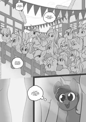 Size: 708x1000 | Tagged: suggestive, artist:freckles, derpibooru import, oc, unofficial characters only, earth pony, pegasus, pony, unicorn, comic:tia's concubines, dialogue, female, filly, foal, glasses, grayscale, hat, image, jpeg, lidded eyes, male, mare, monochrome, open mouth, open smile, smiling, speech bubble, stallion, thought bubble