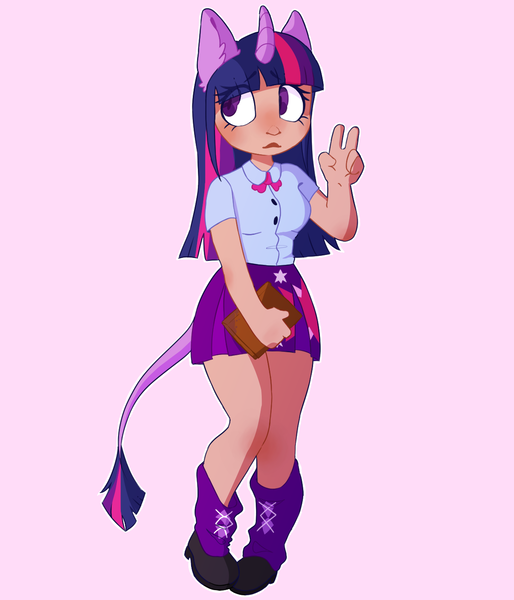 Size: 1200x1400 | Tagged: safe, artist:z0mbiec4t, derpibooru import, twilight sparkle, human, book, boots, bowtie, breasts, clothes, eared humanization, female, horn, horned humanization, humanized, image, leg warmers, leonine tail, peace sign, pink background, png, shirt, shoes, simple background, skirt, solo, tail, tailed humanization