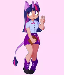 Size: 1200x1400 | Tagged: safe, artist:z0mbiec4t, derpibooru import, twilight sparkle, human, book, boots, bowtie, breasts, clothes, eared humanization, female, horn, horned humanization, humanized, image, leg warmers, leonine tail, peace sign, pink background, png, shirt, shoes, simple background, skirt, solo, tail, tailed humanization