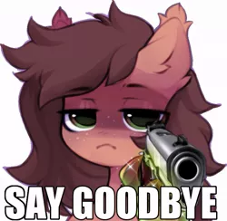 Size: 755x736 | Tagged: safe, artist:astralblues, derpibooru import, oc, unofficial characters only, pony, caption, delet this, frown, gun, handgun, image, image macro, jpeg, looking at you, meme, pistol, reaction image, solo, text, unamused, weapon