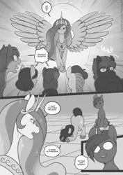 Size: 708x1000 | Tagged: suggestive, artist:freckles, derpibooru import, princess celestia, oc, alicorn, earth pony, pony, unicorn, comic:tia's concubines, beret, big crotchboobs, blank stare, bowing, crotchboobs, crown, dialogue, dildo, dildo blowjob, doorway, dot eyes, eye bulging, female, grayscale, hat, hoof shoes, horsecock dildo, huge crotchboobs, image, jewelry, jpeg, male, mare, monochrome, neck fluff, nipples, nudity, peytral, regalia, sex toy, sitting, speech bubble, spread wings, stallion, surprised, thought bubble, unshorn fetlocks, wings