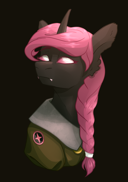 Size: 1400x2000 | Tagged: safe, artist:lazymishel, derpibooru import, oc, oc:chittering compass, changeling, equestria at war mod, clothes, fangs, greneclyf, horn, image, png, ponytail, soldier, story included, uniform