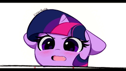 Size: 1280x720 | Tagged: safe, artist:kittyrosie, derpibooru import, edit, fifteen.ai, twilight sparkle, pony, absurd resolution, adorable distress, ambiguous race, angry dog noises, animated, anime style, blushing, cute, cute little fangs, fangs, floppy ears, image, meme, open mouth, solo, twiabetes, webm