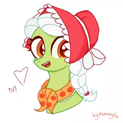 Size: 1200x1200 | Tagged: safe, artist:memengla, derpibooru import, granny smith, earth pony, pony, bonnet, bust, cute, female, granny smith's shawl, heart, image, mare, open mouth, open smile, png, smiling, young granny smith, younger