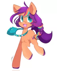 Size: 1645x2048 | Tagged: safe, artist:haichiroo, derpibooru import, sunny starscout, earth pony, pony, my little pony: a new generation, colored hooves, cute, female, g5, image, jpeg, mare, multicolored hair, open mouth, satchel, simple background, solo, starry eyes, sunnybetes, white background, wingding eyes