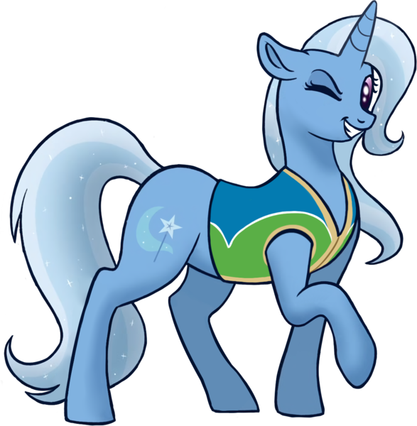 Size: 1155x1181 | Tagged: safe, artist:bellbell123, edit, edited edit, editor:edits of hate, editor:unofficial edits thread, trixie, pony, unicorn, female, floppy ears, grin, image, looking at you, mare, one eye closed, png, raised leg, simple background, smiling, solo, transparent background, wink, winter wrap up vest