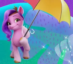 Size: 544x480 | Tagged: safe, derpibooru import, pipp petals, pegasus, pony, my little pony: a new generation, 2d, 3d, china, chinese text, confident, cute, g5, happy, holding, image, looking away, moon runes, pippbetes, png, princess, princess petals, proud, royalty, simple background, smiling, standing, umbrella, wechat, weixin