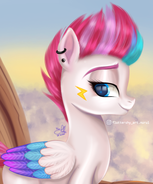 Size: 683x821 | Tagged: safe, derpibooru import, zipp storm, pegasus, pony, my little pony: a new generation, cliff, cloud, ear piercing, earring, female, folded wings, g5, image, jewelry, lightning, piercing, png, solo, wings