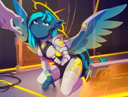Size: 1280x971 | Tagged: safe, artist:hakkids2, derpibooru import, oc, unofficial characters only, anthro, cyborg, pegasus, unguligrade anthro, bedroom eyes, breasts, commission, digital art, female, image, jpeg, kneeling, solo, solo female, spread wings, tail, thighs, wings